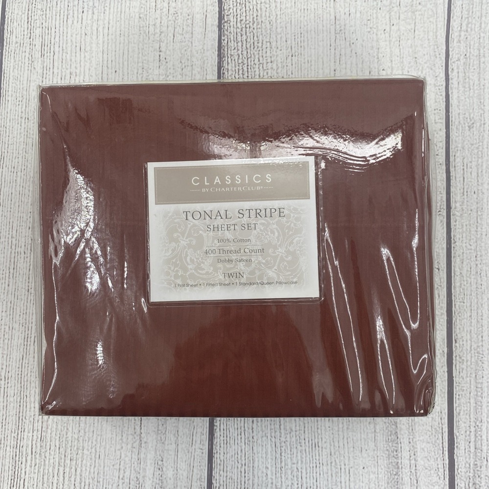 Charter Club Sheet Set TWIN Rust Tonal Stripe 400 TC 100% Cotton Dobby Sateen